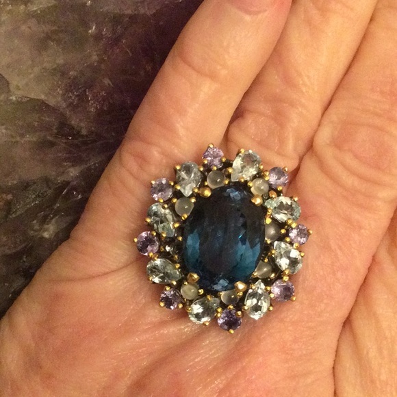 ⭐️ONE OF A KIND ⭐️Genuine London Blue Topaz with Tanzanite & Moonstone Ring - Picture 11 of 15
